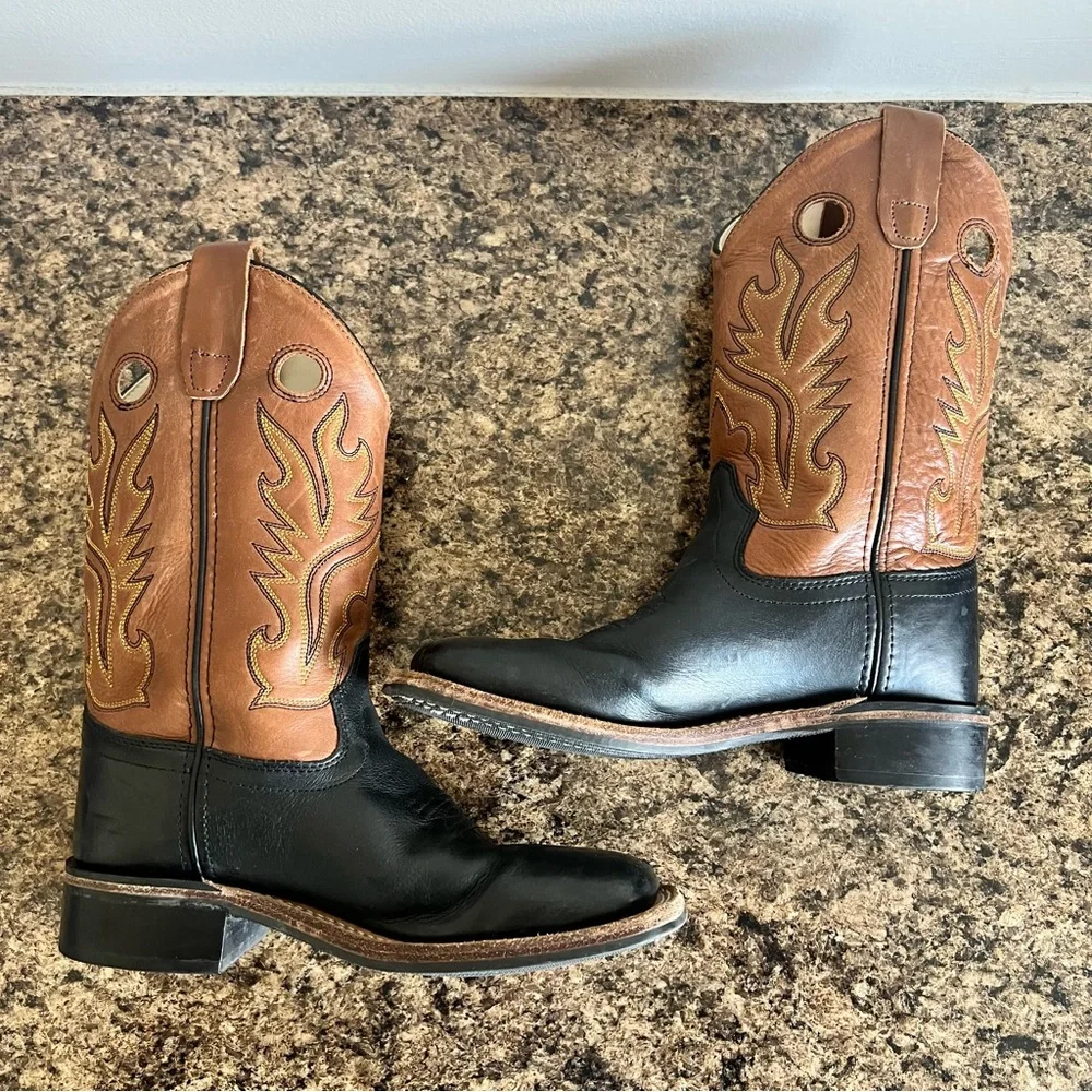 Kids Two-Tone Leather Western Boots - Black & Brown